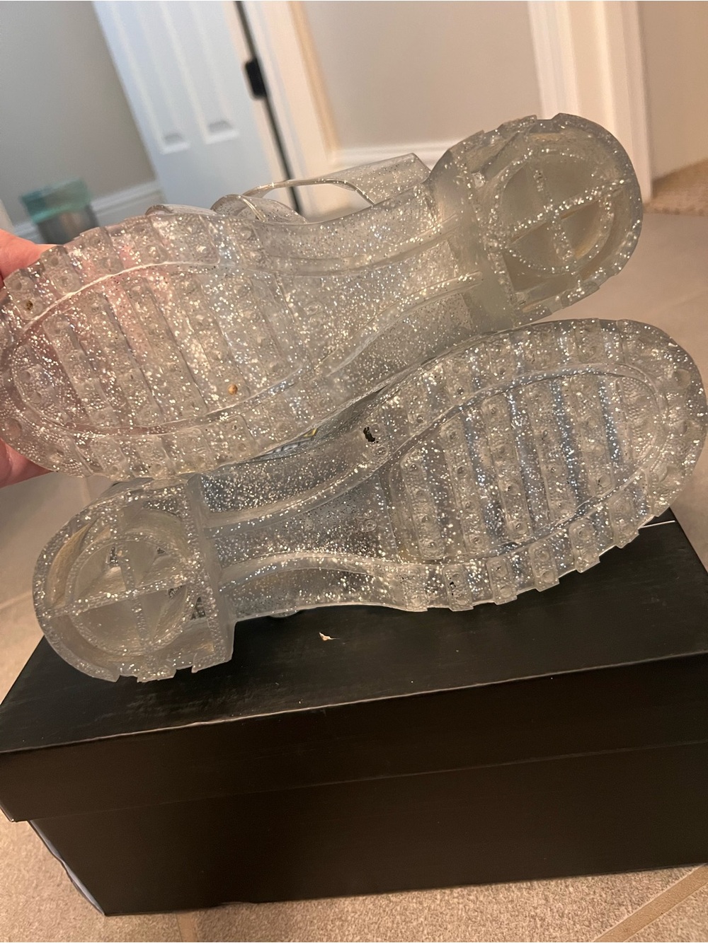 Clear Silver Glitter Jelly Heeled Sandals - Y2K Platform Chunky Sparkle Sandals - Picture 16 of 16